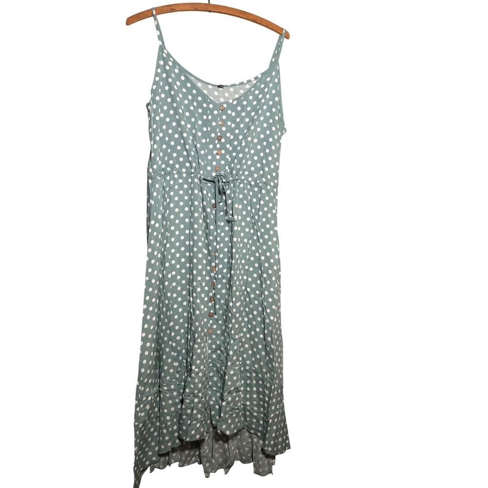 NWT Brovave M Polka Dot Midi Dress Sage Green Button Front High Low Hem Boho